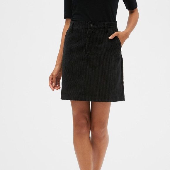 Jet Black High-Waisted Corduroy A-line Skirt - Picture 1 of 4